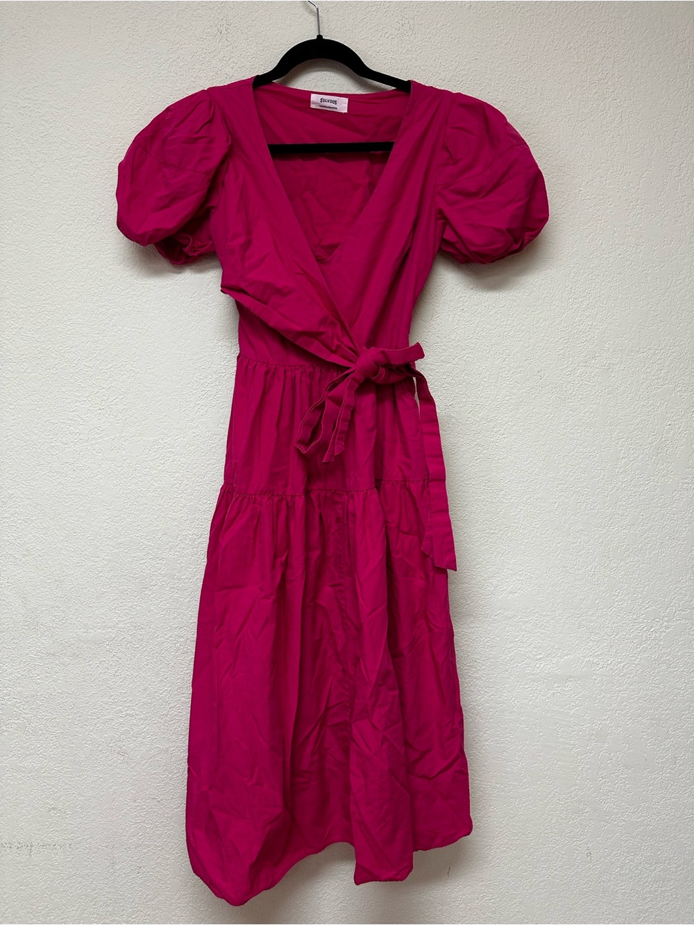 Soludos Fuchsia Puff-Sleeve Midi Wrap Dress